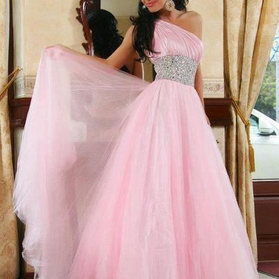 one shoulder pink prom dresses long beaded simple a line elegant cheap prom gown robe de soiree