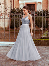 Load image into Gallery viewer, silver bridesmaid dresses long sequined v neck tulle cheap custom wedding party dresses