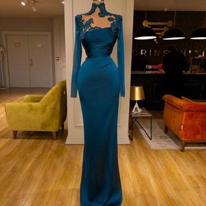 teal green evening dresses long sleeve high neck beaded lace applique elegant modest evening gown