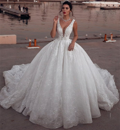 princess white wedding dresses ball gown v neck sleeveless lace applique elegant luxury wedding gown
