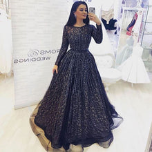 Load image into Gallery viewer, black beaded prom dresses long sleeve lace crystals elegant vintage prom gown robe de soiree