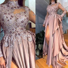 Load image into Gallery viewer, rose pink prom dresses high neck beaded lace applique satin elegant prom gown vestido de fiesta