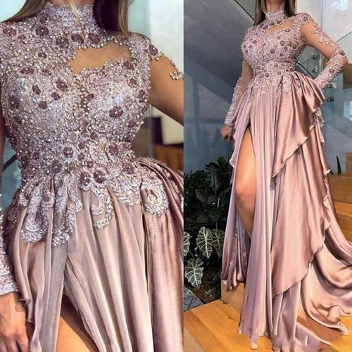 rose pink prom dresses high neck beaded lace applique satin elegant prom gown vestido de fiesta