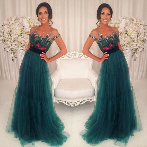 emerald green prom dresses 2020 short sleeve embroidery applique a-line tulle cheap prom gown