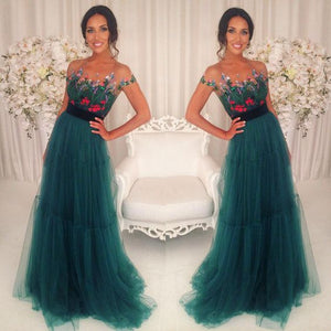 emerald green prom dresses 2020 short sleeve embroidery applique a-line tulle cheap prom gown