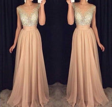 Load image into Gallery viewer, champagne beaded prom dresses long chiffon cheap cap sleeve a line prom gown vestido de longo