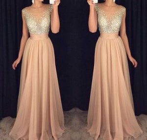 champagne beaded prom dresses long chiffon cheap cap sleeve a line prom gown vestido de longo