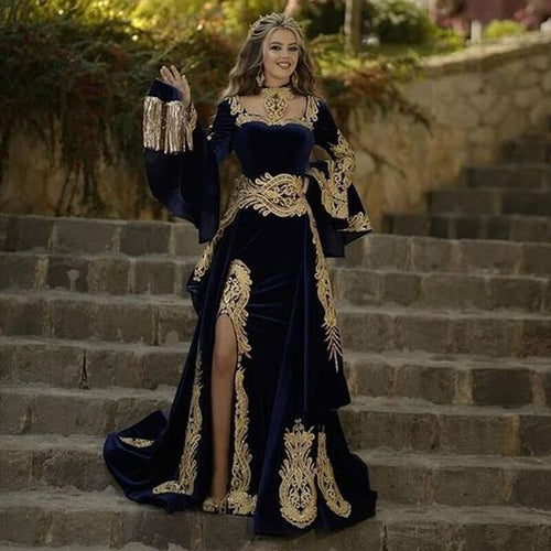 muslim dubai prom dresses 2021 lace applique black flare sleeve modest prom gowns 2022