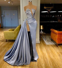 Load image into Gallery viewer, strapless elegant evening dresses long vestidos de fiesta beaded blue modest formal dress robe de soiree