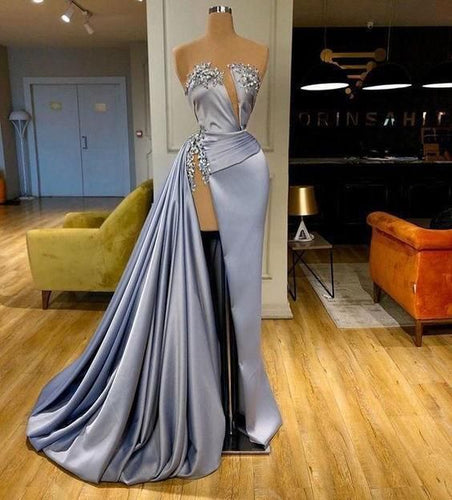 strapless elegant evening dresses long vestidos de fiesta beaded blue modest formal dress robe de soiree