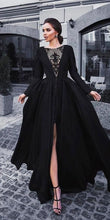 Load image into Gallery viewer, abendkleider black lace applique prom dresses long sleeve vintage detachable skirt elegant prom gown