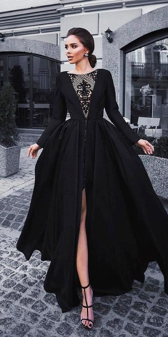 abendkleider black lace applique prom dresses long sleeve vintage detachable skirt elegant prom gown