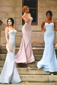 blue bridesmaid dresses long spaghetti straps mermaid satin elegant cheap wedding party dresses