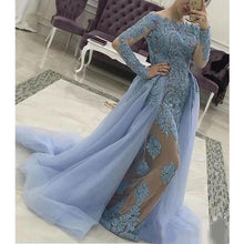 Load image into Gallery viewer, detachable skirt blue prom dresses long sleeve lace applique beaded elegant vintage prom gown