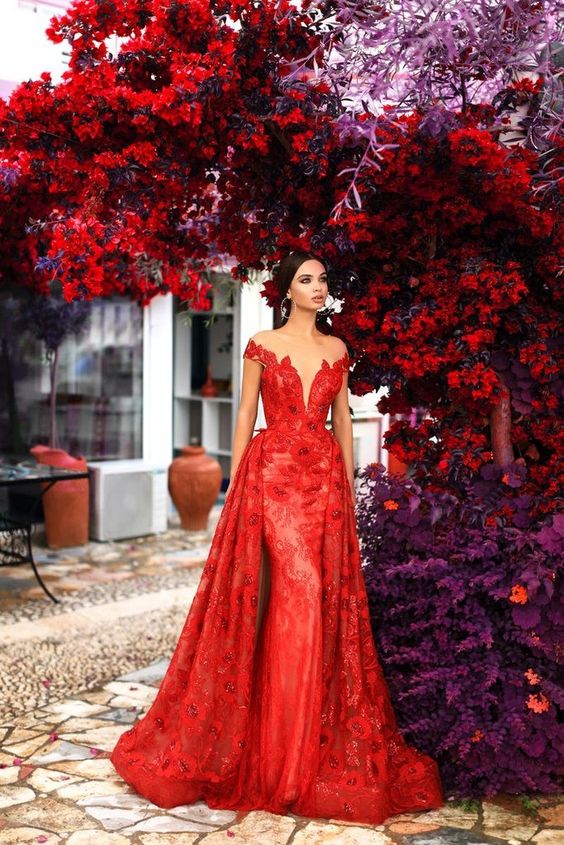 Red Evening Gowns Detachable Train Formal Dresses Woman Party