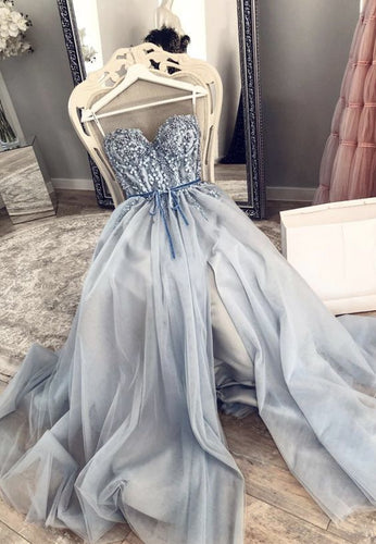 silver blue prom dresses sweetheart neck beaded elegant tulle a line prom gown with side slit