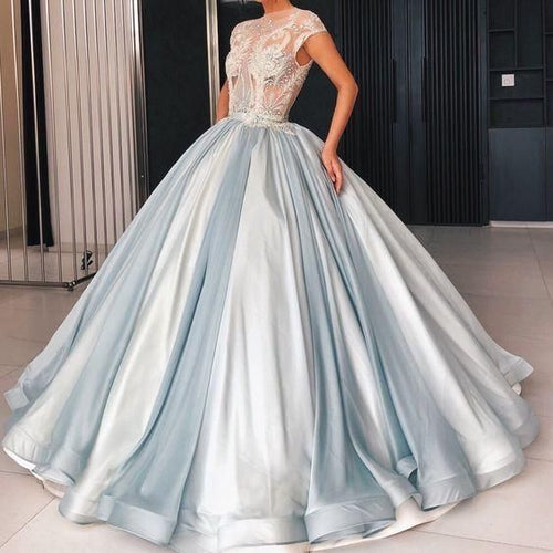 ball gown prom dresses 2020 dusty blue crystals cap sleeve elegant princess prom gowns vestido de Longo