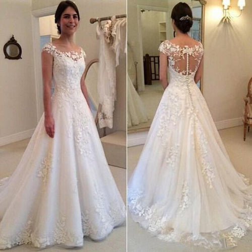 a line wedding dresses for bride off white lace applique short sleeve wedding gown robe de mariee