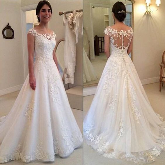a line wedding dresses for bride off white lace applique short sleeve wedding gown robe de mariee