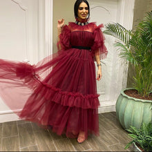 Load image into Gallery viewer, burgundy prom dresses tiered high neck tulle long sleeve arabic prom gown vestido de fiesta