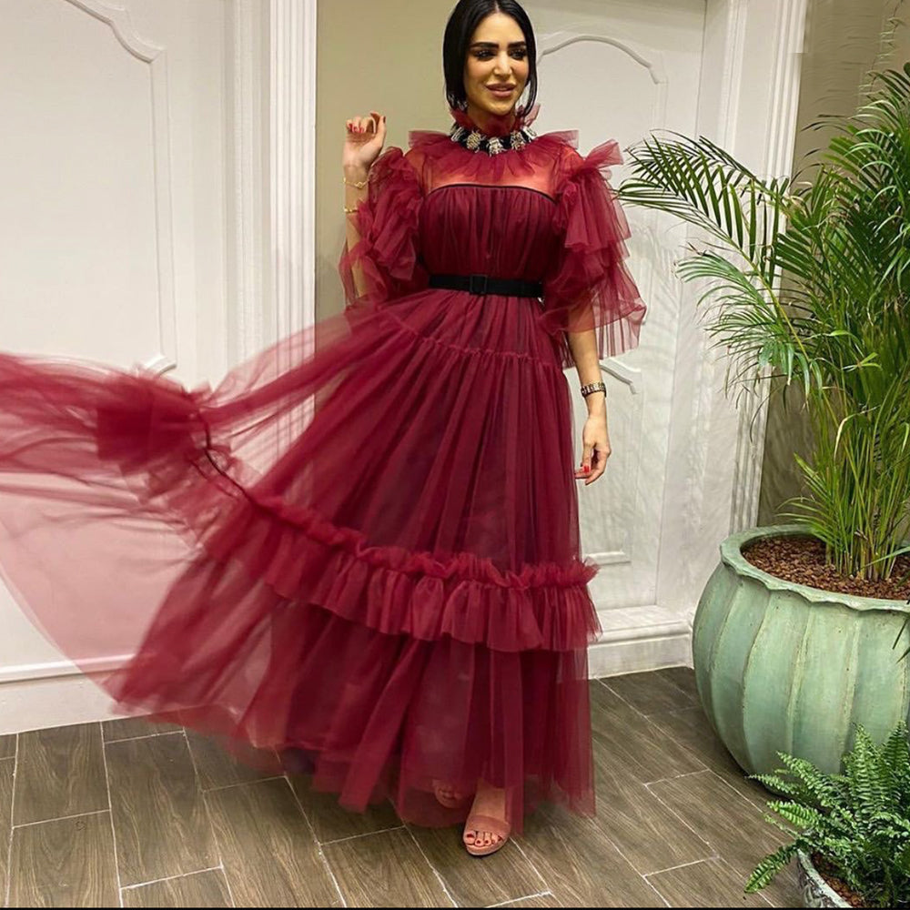 burgundy prom dresses tiered high neck tulle long sleeve arabic prom gown vestido de fiesta