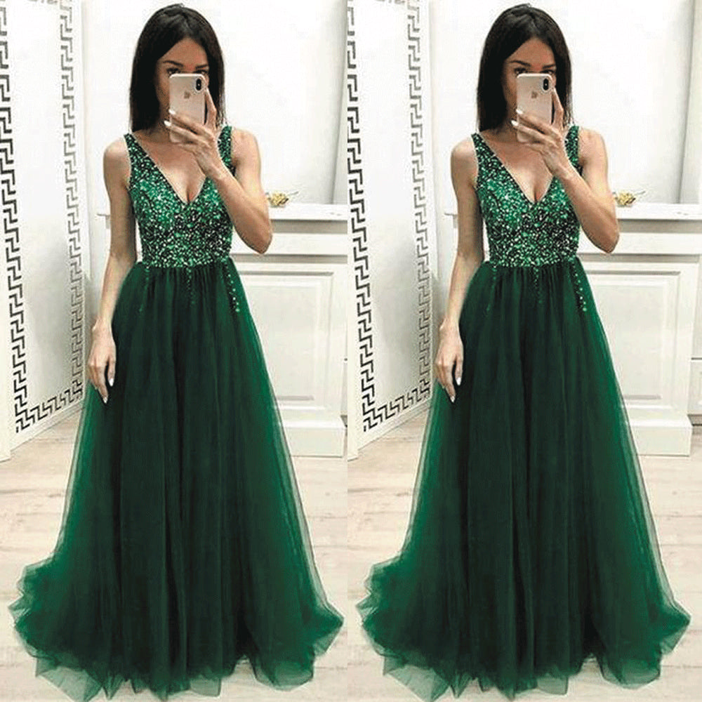 green prom dresses long v neck beaded tulle elegant sleeveless prom gown vestido de Longo 2020
