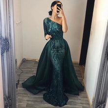 Load image into Gallery viewer, one shoulder prom dresses with detachable skirt hunter green sparkly applique vintage prom gown