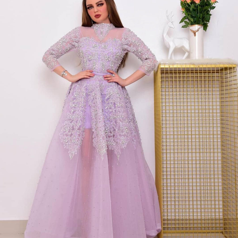 lilac prom dresses long sleeve high neck beaded purple dubai luxury muslim prom gown 2021