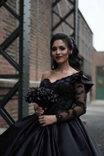 Load image into Gallery viewer, black prom dresses ball gown vintage lace applique one shoulder elegant arabic prom gown