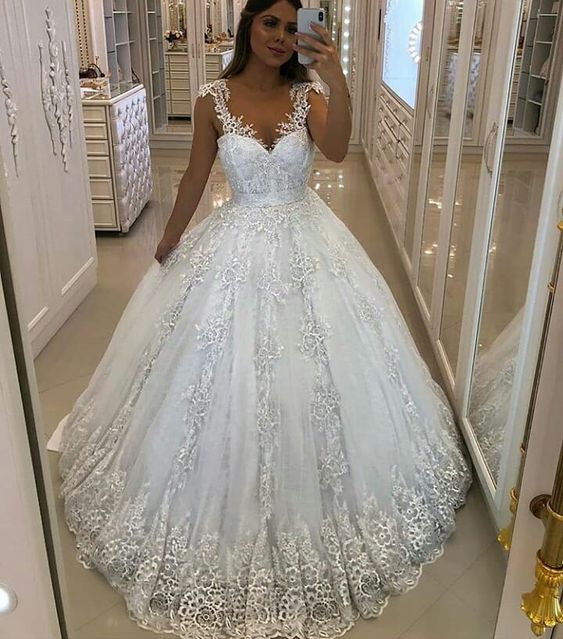 White sweetheart lace applique tulle wedding dress, lace wedding gown –  dresstby