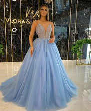 Load image into Gallery viewer, spaghetti strap blue prom dresses 2021 vestido de graduacion Lace Applique elegant pageant dresses for women 2022