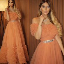 Load image into Gallery viewer, off the shoulder prom dresses long orange tulle simple elegant prom gown vestido de fiesta