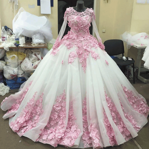 luxury ball gown wedding dresses lace appliqué pink 3d flowers princess boho wedding gown robe de mairee