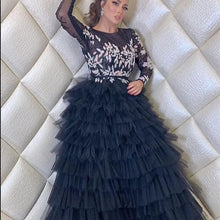 Load image into Gallery viewer, black tiered prom dresses ball gown lace applique long sleeve arabic muslim prom gown