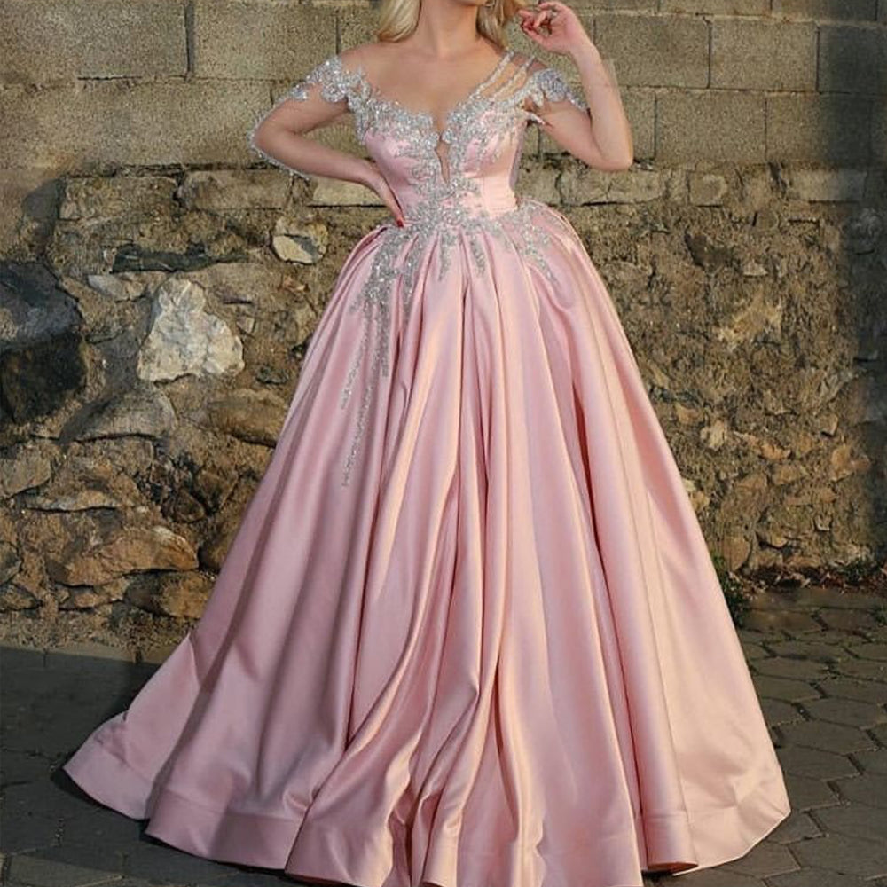 pink prom ball gown 2020 lace applique beaded long sleeve elegant vintage prom dresses 2021 abendkleider