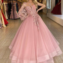 Load image into Gallery viewer, one shoulder dusty pink prom dresses 2020 lace applique elegant tulle beaded prom gown 2021