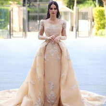 Load image into Gallery viewer, champagne prom dresses with removable skirt lace applique arabic long sleeve vintage prom gown