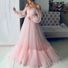 Load image into Gallery viewer, pink elegant prom dresses 2020 off the shoulder tulle lace applique simple prom gown 2021