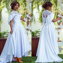 Load image into Gallery viewer, white lace applique prom dresses 2020 Dubai fashion elegant satin high neck 2021 prom gown