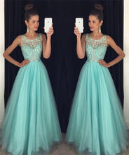 Load image into Gallery viewer, a line prom dresses 2020 beaded o neck sleeveless blue elegant prom gown 2021 robe de soiree