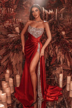 Load image into Gallery viewer, sexy sparkly evening dresses long red mermaid cheap elegant satin cheap evening gown vestidos de fiesta