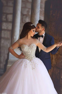 crystals wedding dresses boho beaded luxury long sleeve white princess arabic wedding gowns robe de mariee