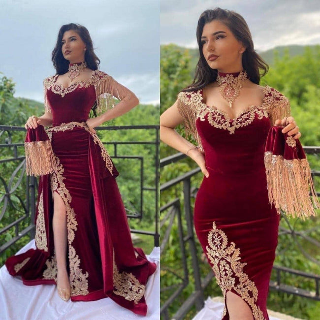 burgundy velvet prom dresses with detachable skirt Muslim Dubai vintage Lace Applique prom gown