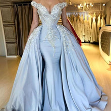 Load image into Gallery viewer, silver luxury evening dresses with detachable skirt 2020 crystals lace appliqué elegant evening gowns