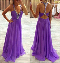 Load image into Gallery viewer, purple prom dresses halter beaded v neck backless sexy chiffon cheap prom gown vestido de Longo