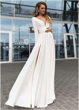Load image into Gallery viewer, 2020 cheap prom dresses long sleeve deep v neck chiffon ivory simple elegant prom gowns