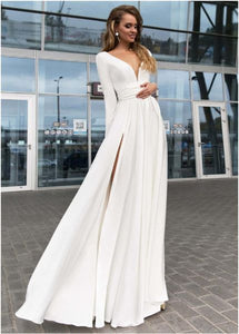 2020 cheap prom dresses long sleeve deep v neck chiffon ivory simple elegant prom gowns