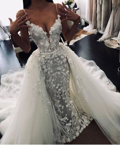 elegant wedding dress ball gown lace appliqué 3d flowers off white wedding gowns with detachable skirt