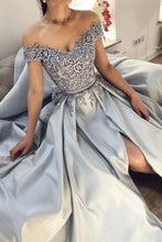 Load image into Gallery viewer, silver satin prom dresses long off the shoulder short sleeve lace applique elegant prom gown