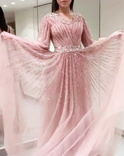 Load image into Gallery viewer, v  neck beaded prom dresses long sleeve crystal pink elegant prom gown 2021 vestido de longo